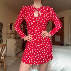 forever 21 red and white floral ruffle keyhole long sleeve mini dress